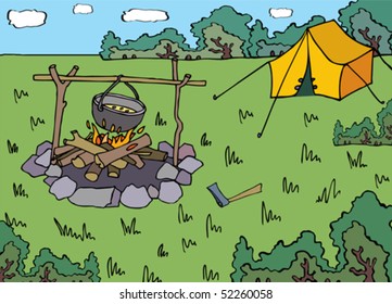 Hike food is preparing on the bonfire. There is the tent near the fire