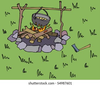 Hike food is preparing on the bonfire.