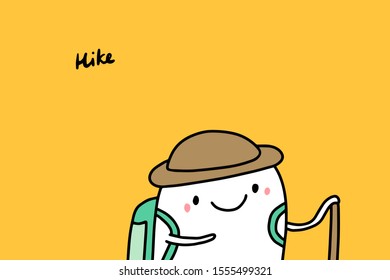 Hike hand drawn vector illustration in cartoon comic style man going camping lettering