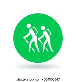 Hike icon. Hiking trail sign. Hiker symbol. White hiking icon on green circle background. Vector illustration.