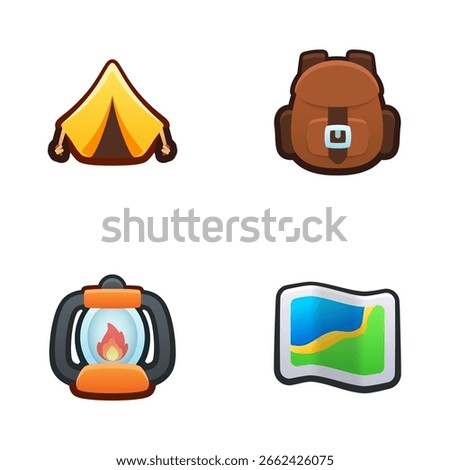 Hike icon set. Isolated vector illustration of mobile game sprites. Design for stickers, logo, mobile app. Arcade or match 3 2d graphics game asset. Flat 3d item sprites sheet.