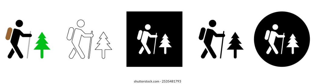 hike mountain hill or wood, hiker with a backpack using a walking stick and pine tree adventure and outdoor activities vector pictogram sign icon symbol ui and ux design, glyphs and stroke line