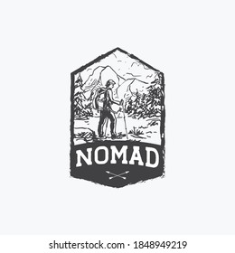 Hike on outdoor lake and mountain retro badge vector design logo template
