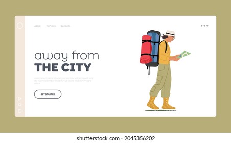 Hike Outdoors Activity Landing Page Template. Backpacker Learning Map Choosing Right Way. Traveler Hiking Adventure, Active Vacation, Trip Tourist Character Walking Route. Cartoon Vector Illustration