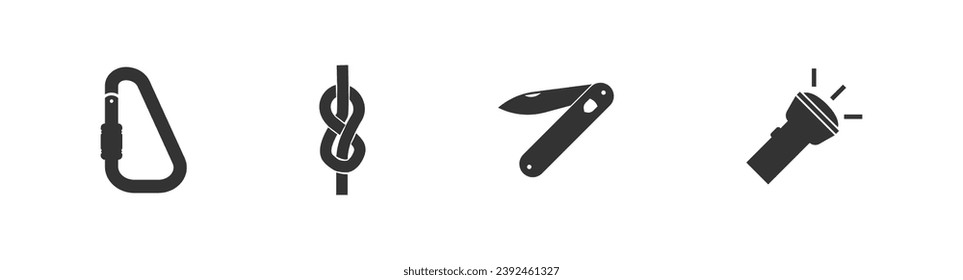 Hike set of black icons: knife, carbine, flashlight. Isolated vector