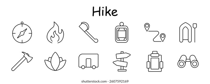 Hike set icon. Compass, flame, axe, backpack, route, boat, flower, trailer, signs, binoculars, nature, path, map, direction, outdoor gear.