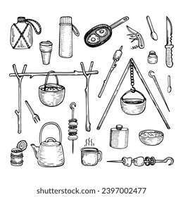 Hike sketch. Dishes, food, camping equipment. Hand drawn illustration.