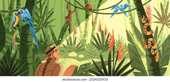 Aventuras de caminhantes na selva. A mulher olha para a fauna tropical, a natureza exótica. Caminhadas na floresta amazônica com palmeiras e papagaios. Paisagem de floresta tropical com vista panorâmica lianas. Ilustração de vetor plano