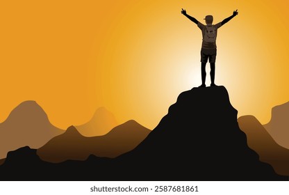 Hiker with arms up standing on the top of the mountain - Successful man enjoying triumph - Sport and success concept. vector, illustration