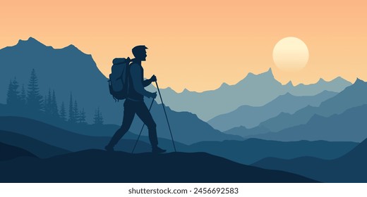 A hiker with a backpack against the background of the mountains, adventure tourism and travel, vector illustration