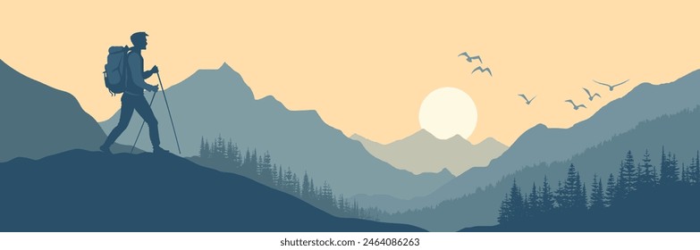 A hiker with a backpack against the background of the mountains, adventure tourism and travel, vector illustration