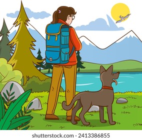 Hiker with backpack and dog in the park. Vector illustration.