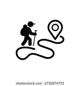 Hiker with backpack follows a winding path to a location marker