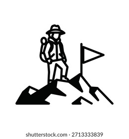 Hiker with backpack and hat standing on a mountain peak with a flag, symbolizing achievement and success
