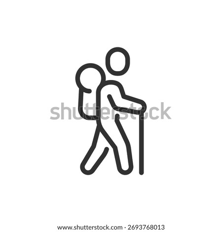 Hiker with backpack, linear icon. Adventure and outdoor exploration. Line with editable stroke.