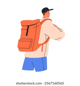 Hiker with backpack. Man traveler carrying bag in adventure, travel. Male tourist backpacker hiking with baggage, haversack, rucksack on back. Flat vector illustration isolated on white background