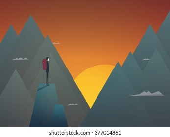 Hiker with backpack in mountains landscape vector background. Sunset scene, outdoor active lifestyle. Eps10 vector illustration.