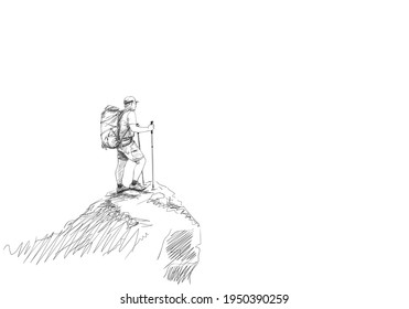 Hiker with backpack on top of mountain Hand drawn vector illustration with space for text, Trekking man sketch, Outdoor activity