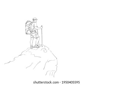 Hiker with backpack on top of mountain Hand drawn linear vector illustration, Trekking man simple sketch, Outdoor activity