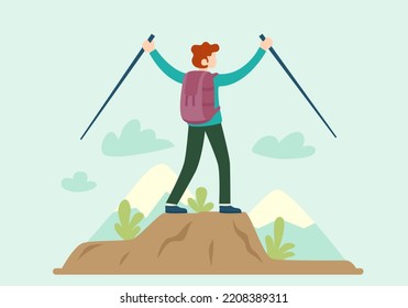 Hiker with a backpack on the top of the mountain. Man on mountain peak reaching life goal, winning, success and freedom, achievement. Winning concept with a hands up man. Mountain landscape.