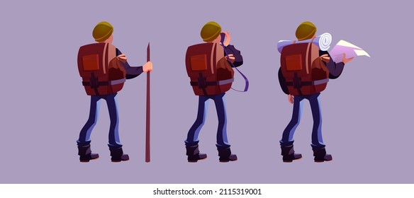 Hiker with backpack rear view, traveler man cartoon character holding map, staff, shoot pictures in travel journey or adventure. Isolated tourist, extreme trekking or hiking sport, Vector illustration