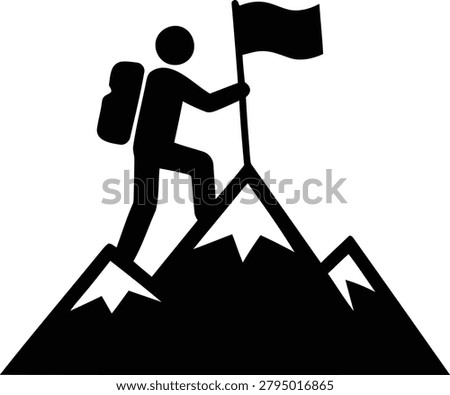 Hiker with a backpack stands on a mountain peak holding a flag in this minimal vector graphic representing business success and achievement.