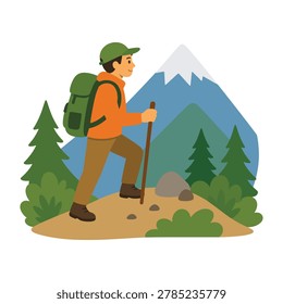 Hiker with backpack and stick on mountain trail. Outdoor activity, nature and recreation.