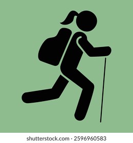 Hiker with backpack and stick on pale green backdrop, pictogram