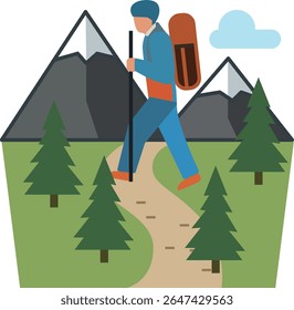 Hiker with backpack and stick walking on mountain trail.