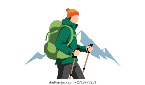 Hiker with backpack and sticks, in front of mountain range, vector