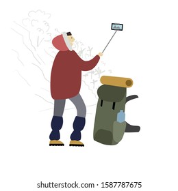 Hiker with backpack takes selfie in mountains. Vector illustration