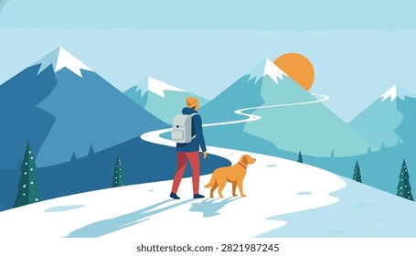 Hiker with a backpack and their golden retriever dog walk along a snowy mountain trail towards a scenic sunset.
