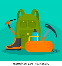 Hiker backpack with tools and shoes background. Flat illustration of hiker backpack with tools and shoes vector background for web design