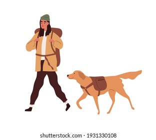 Hiker with backpack traveling together with dog. Active person hiking with pet. Colored flat cartoon vector illustration of young woman walking with labrador isolated on white background