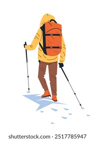 Hiker with backpack trekking on snow using poles wearing winter gear outdoor adventure concept