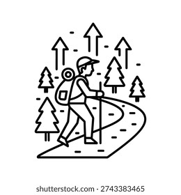 A hiker with a backpack and trekking pole on a winding path through a forest