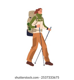 Senderista con mochila y bastones de trekking. Turista hembra, campista de senderismo con mochila. Chica viajera, mochilero caminando. Aventura al aire libre. Ilustración vectorial plana aislada sobre fondo blanco