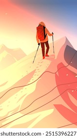 Hiker with backpack and trekking poles walking on snowy mountain at sunrise colorful landscape adventure travel concept