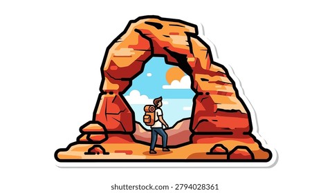 Hiker with backpack under large arch
