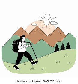 A hiker with a backpack uses a walking stick while trekking through a mountain landscape under the sun.
