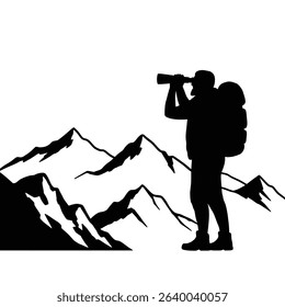 Hiker with backpack views mountain range through binoculars.
