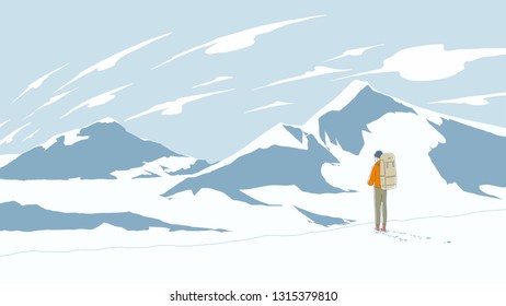 Hiker with backpack walk alone on the high mountain trail, vector format