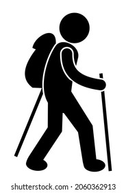 Hiker with backpack and walking canes, black silhouette, vector symbol
