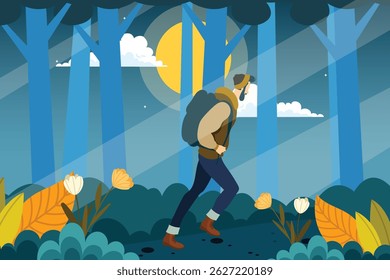 A hiker with a backpack walking in the night, with moon, in the forest