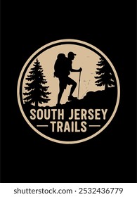 A hiker with a backpack walking on a mountain trail, surrounded by trees, represents the beauty of South Jersey Trails, a perfect logo for outdoor enthusiasts and adventure seekers.