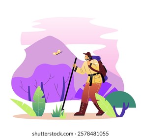 Hiker with a backpack and walking stick exploring a vibrant mountain landscape, surrounded by plants under a pink sky. Flat style. Adventure concept. Vector illustration