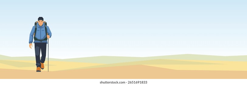 Caminhante com mochila e bengala atravessando paisagem desértica. Ilustração vetorial de um viajante a solo em uma viagem de aventura através de terreno árido com colinas rolantes e design minimalista.