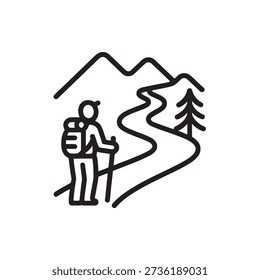 Hiker with backpack and walking sticks on a winding trail in the mountains with trees