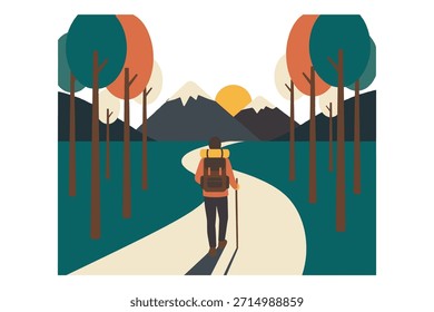 Hiker with backpack walks on winding path through forest with stylized trees and mountains at sunrise.
