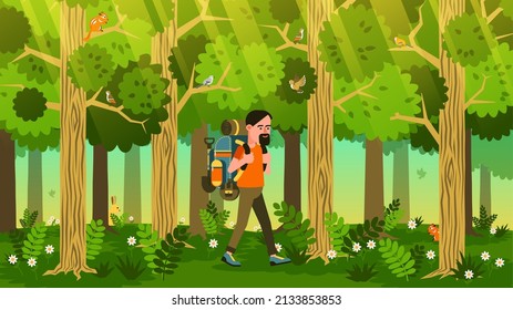 Caminando con mochilas por el bosque verde. Viajero de caricaturas con mochila en el bosque salvaje. Imagen vectorial.